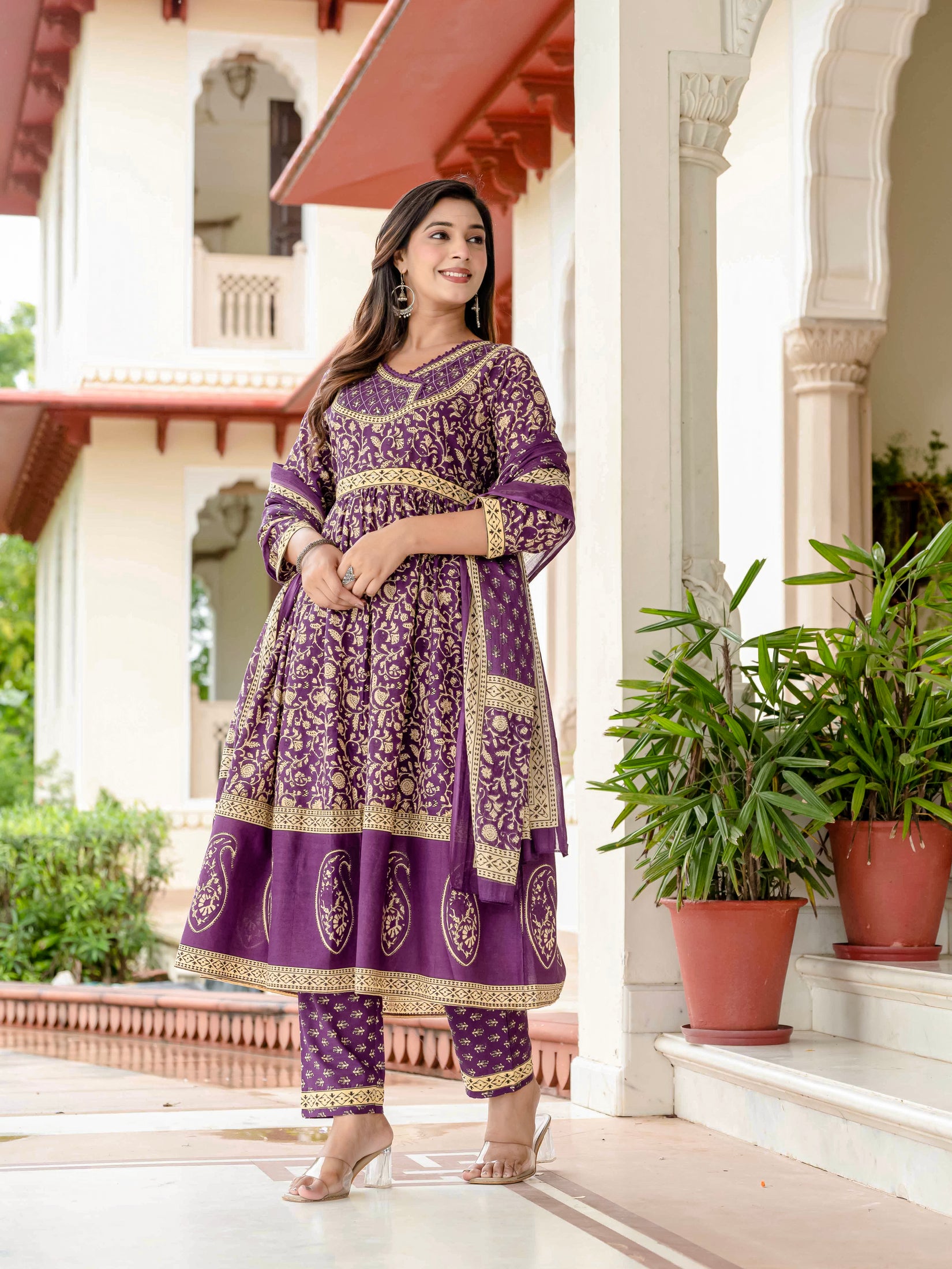 Ebbani Women’s Pure Cotton Purple Ethnic Printed Kurta Set with Pants & Dupatta