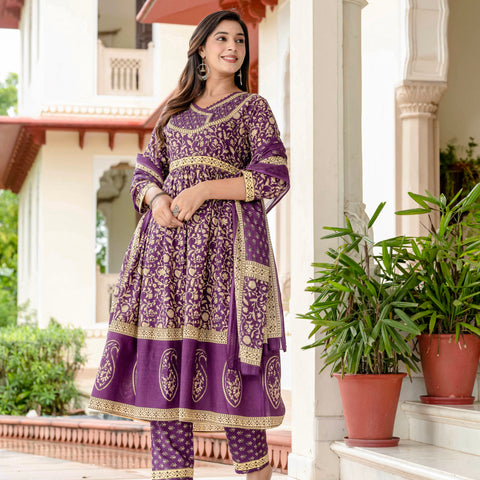 Ebbani Women’s Pure Cotton Purple Ethnic Printed Kurta Set with Pants & Dupatta