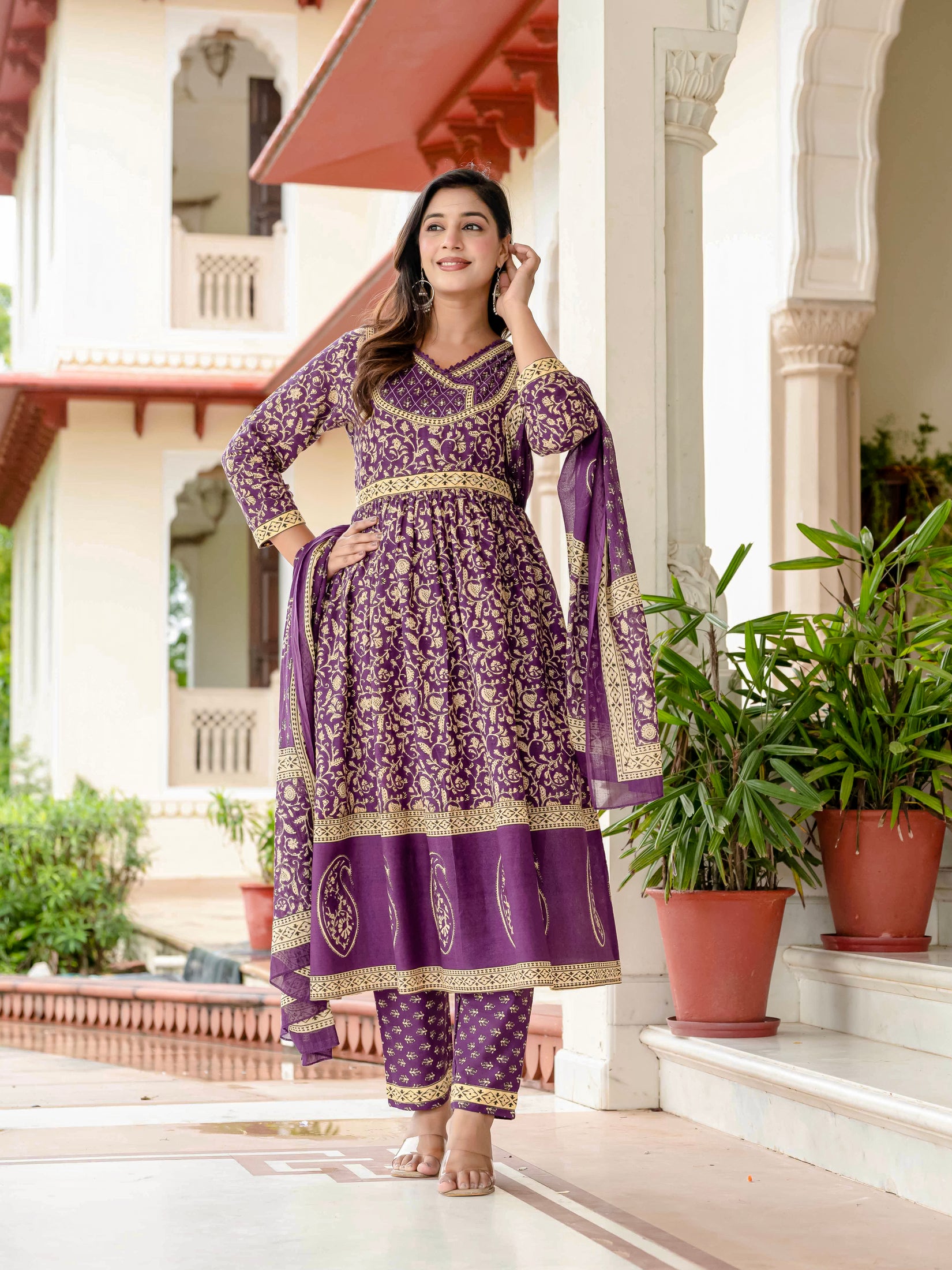Ebbani Women’s Pure Cotton Purple Ethnic Printed Kurta Set with Pants & Dupatta
