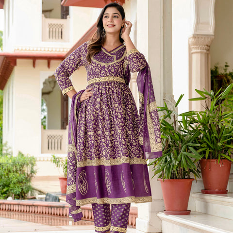 Ebbani Women’s Pure Cotton Purple Ethnic Printed Kurta Set with Pants & Dupatta