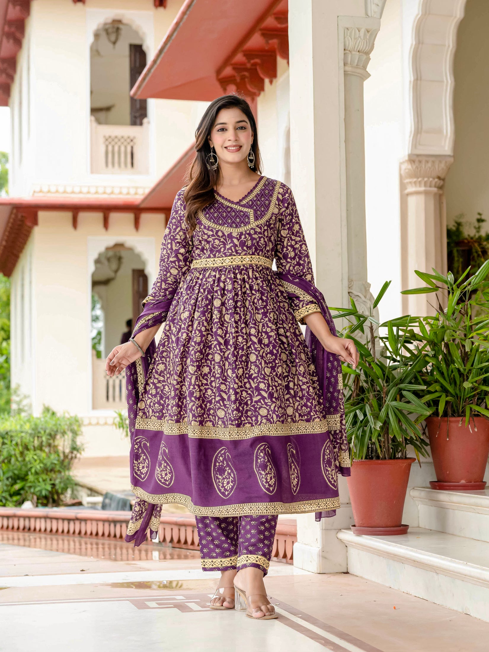 Ebbani Women’s Pure Cotton Purple Ethnic Printed Kurta Set with Pants & Dupatta