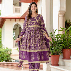 Ebbani Women’s Pure Cotton Purple Ethnic Printed Kurta Set with Pants & Dupatta