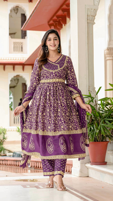 Ebbani Women’s Pure Cotton Purple Ethnic Printed Kurta Set with Pants & Dupatta