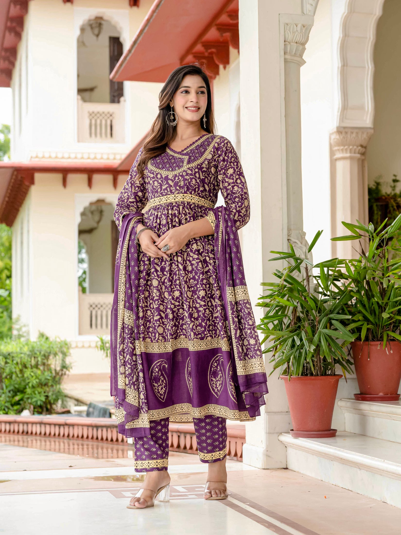 Ebbani Women’s Pure Cotton Purple Ethnic Printed Kurta Set with Pants & Dupatta