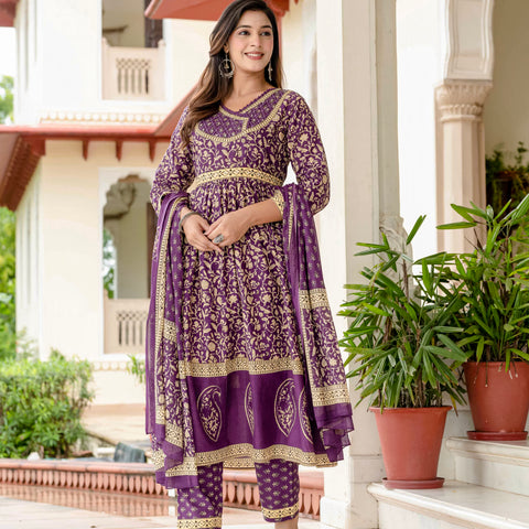 Ebbani Women’s Pure Cotton Purple Ethnic Printed Kurta Set with Pants & Dupatta