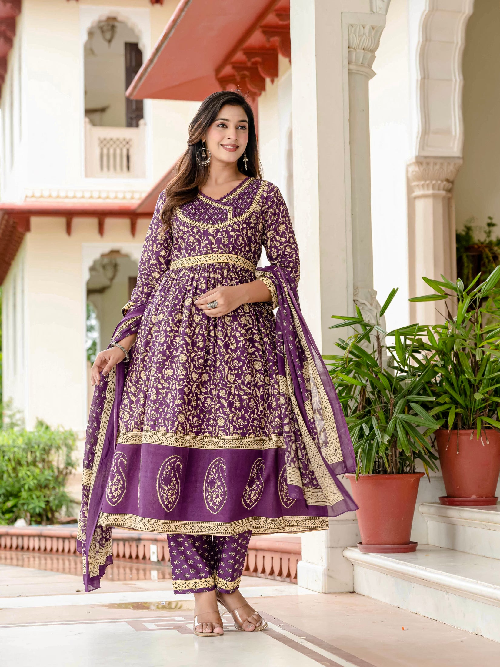 Ebbani Women’s Pure Cotton Purple Ethnic Printed Kurta Set with Pants & Dupatta