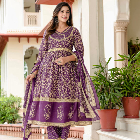 Ebbani Women’s Pure Cotton Purple Ethnic Printed Kurta Set with Pants & Dupatta