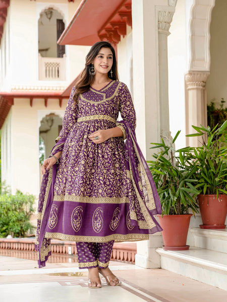 Ebbani Women’s Pure Cotton Purple Ethnic Printed Kurta Set with Pants & Dupatta