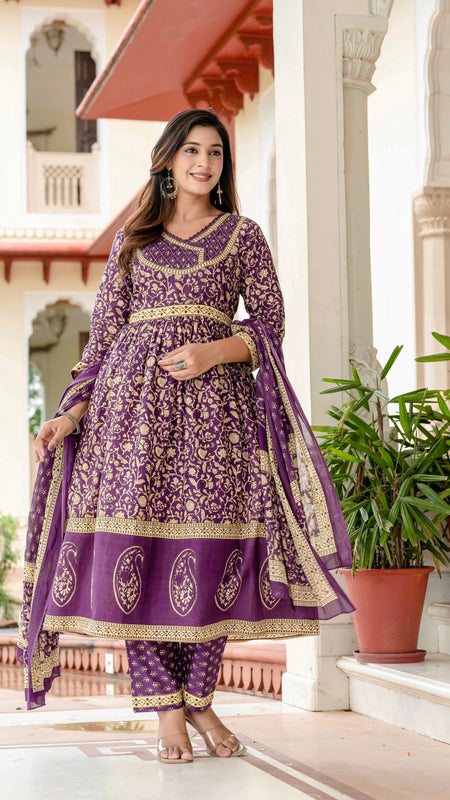 Ebbani Women’s Pure Cotton Purple Ethnic Printed Kurta Set with Pants & Dupatta