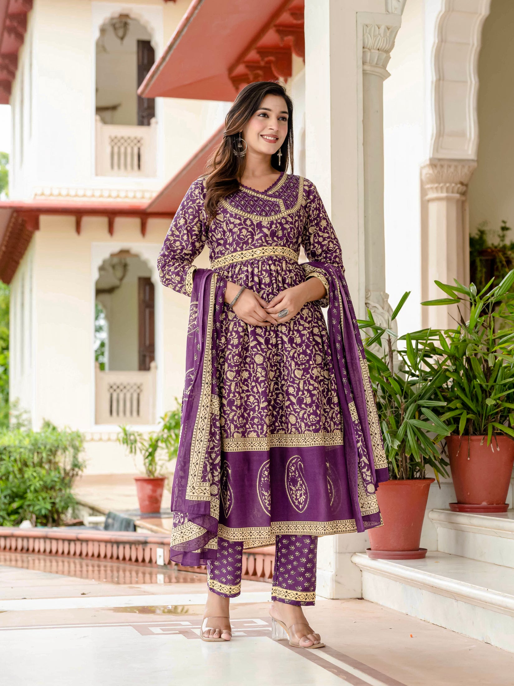 Ebbani Women’s Pure Cotton Purple Ethnic Printed Kurta Set with Pants & Dupatta