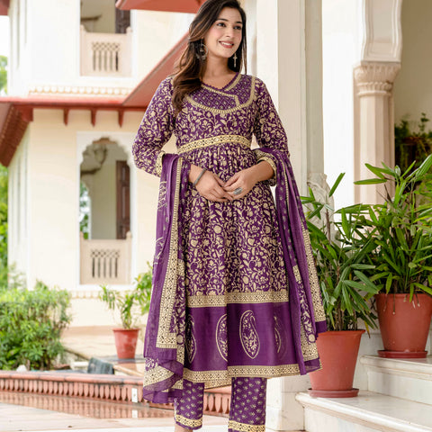 Ebbani Women’s Pure Cotton Purple Ethnic Printed Kurta Set with Pants & Dupatta