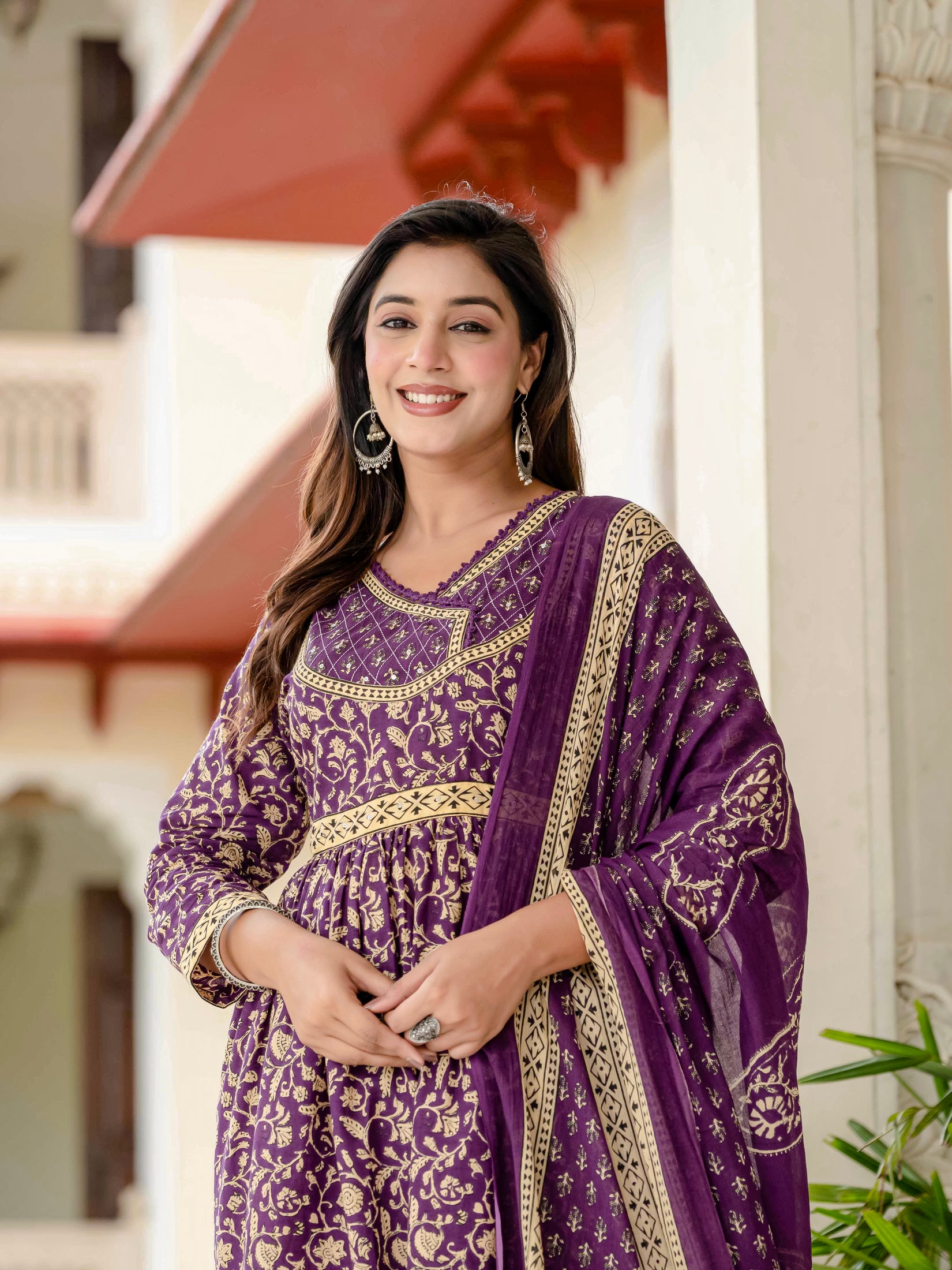 Ebbani Women’s Pure Cotton Purple Ethnic Printed Kurta Set with Pants & Dupatta