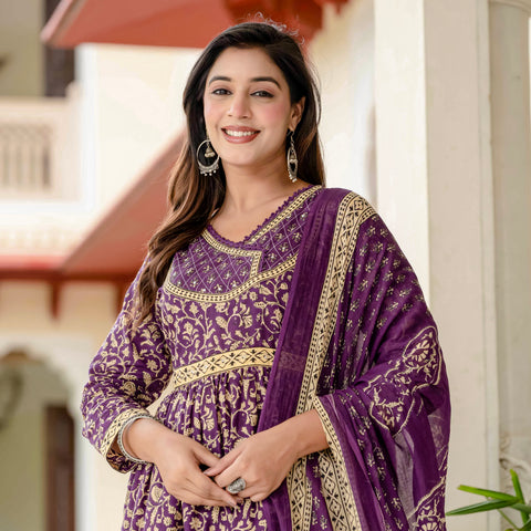 Ebbani Women’s Pure Cotton Purple Ethnic Printed Kurta Set with Pants & Dupatta