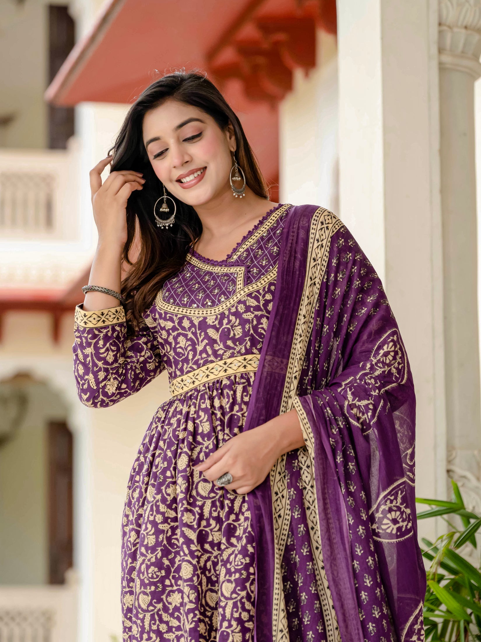 Ebbani Women’s Pure Cotton Purple Ethnic Printed Kurta Set with Pants & Dupatta