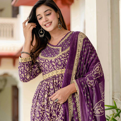 Ebbani Women’s Pure Cotton Purple Ethnic Printed Kurta Set with Pants & Dupatta