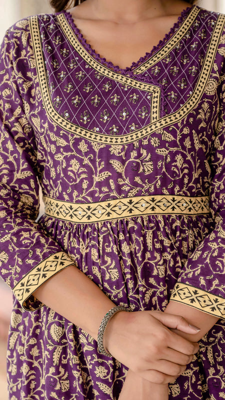 Ebbani Women’s Pure Cotton Purple Ethnic Printed Kurta Set with Pants & Dupatta