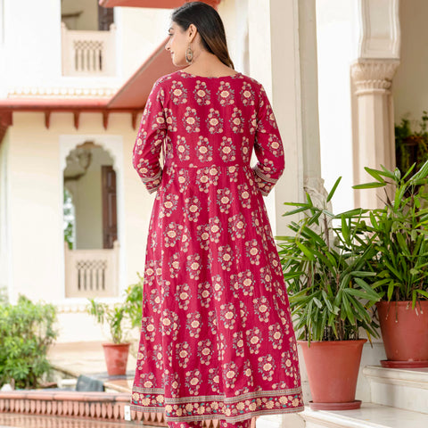 Ebbani Women’s Pure Cotton Pink Floral Kurta Set with Pants & Dupatta