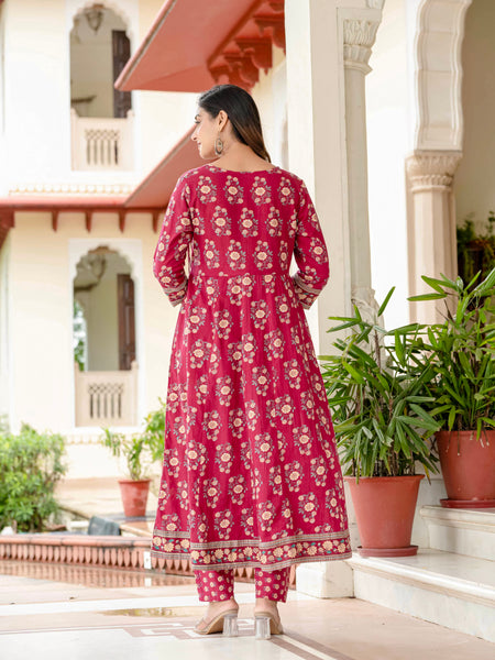 Ebbani Women’s Pure Cotton Pink Floral Kurta Set with Pants & Dupatta