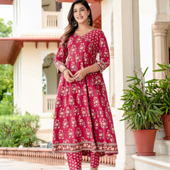 Ebbani Women’s Pure Cotton Pink Floral Kurta Set with Pants & Dupatta