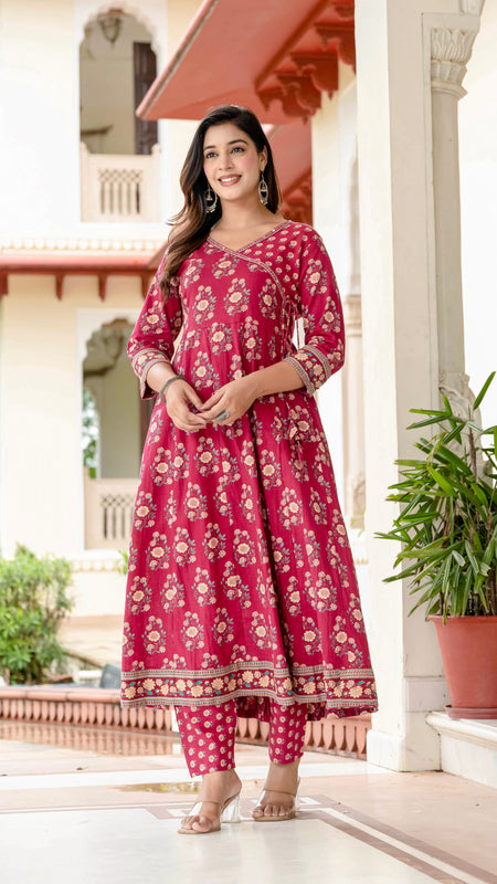 Ebbani Women’s Pure Cotton Pink Floral Kurta Set with Pants & Dupatta