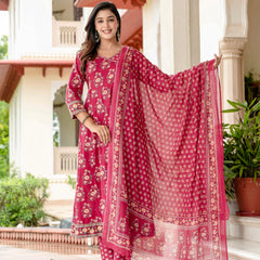 Ebbani Women’s Pure Cotton Pink Floral Kurta Set with Pants & Dupatta