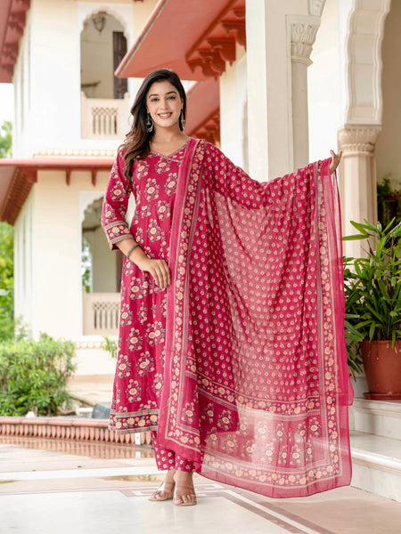 Ebbani Women’s Pure Cotton Pink Floral Kurta Set with Pants & Dupatta