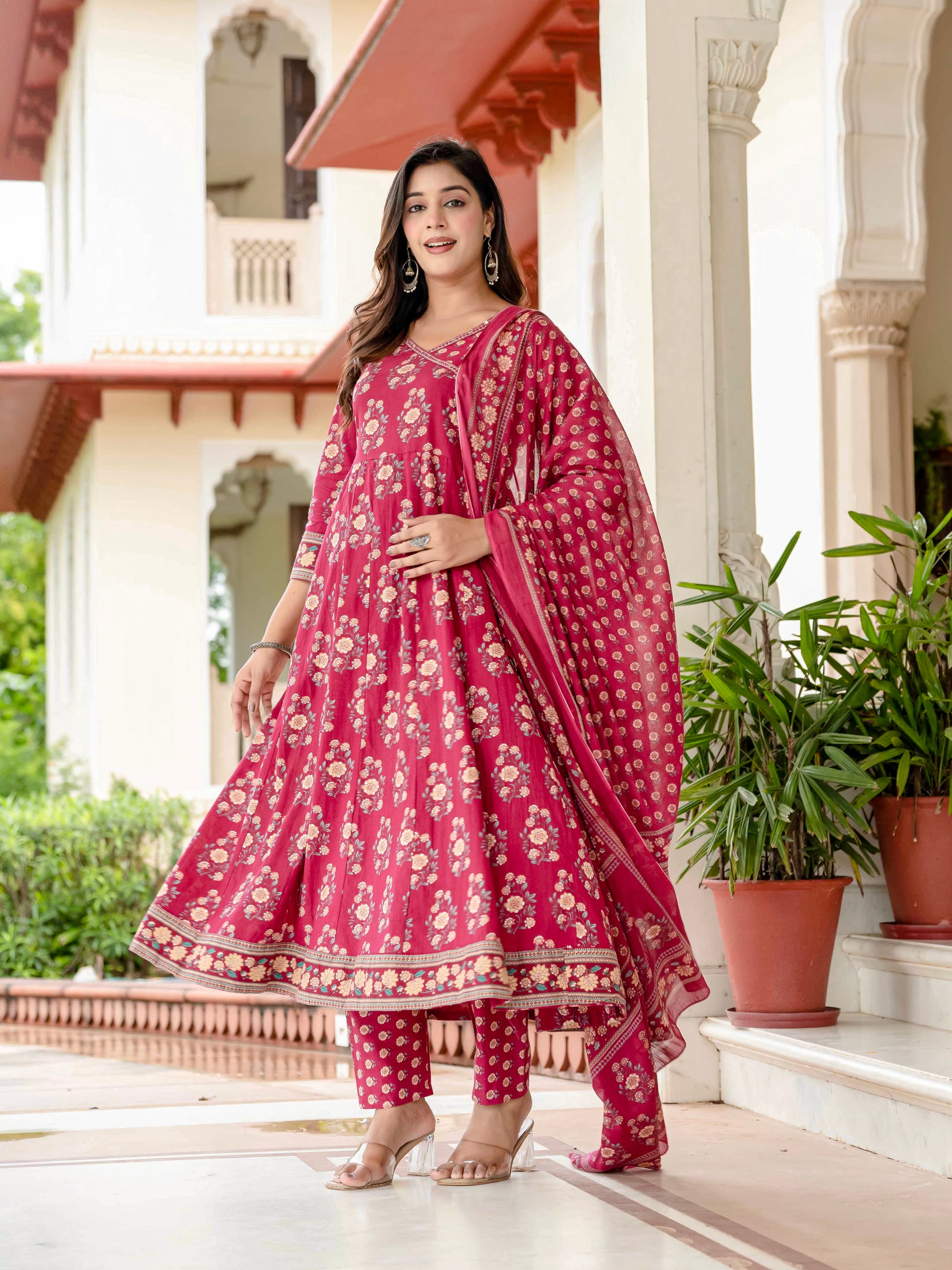 Ebbani Women’s Pure Cotton Pink Floral Kurta Set with Pants & Dupatta