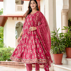 Ebbani Women’s Pure Cotton Pink Floral Kurta Set with Pants & Dupatta