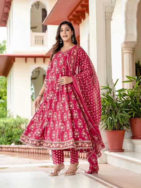 Ebbani Women’s Pure Cotton Pink Floral Kurta Set with Pants & Dupatta