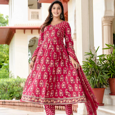 Ebbani Women’s Pure Cotton Pink Floral Kurta Set with Pants & Dupatta