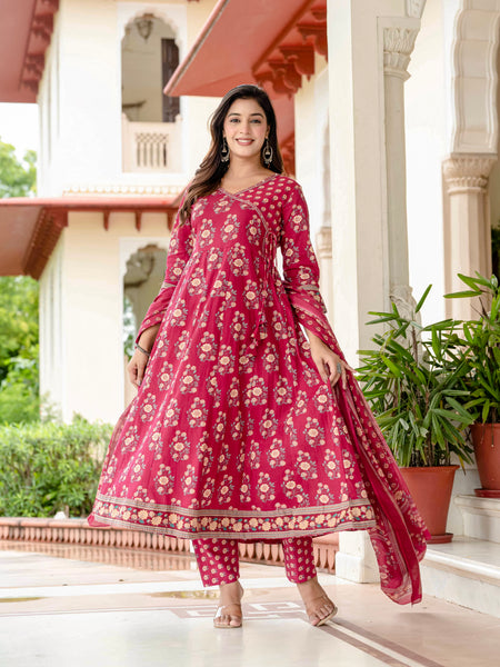 Ebbani Women’s Pure Cotton Pink Floral Kurta Set with Pants & Dupatta