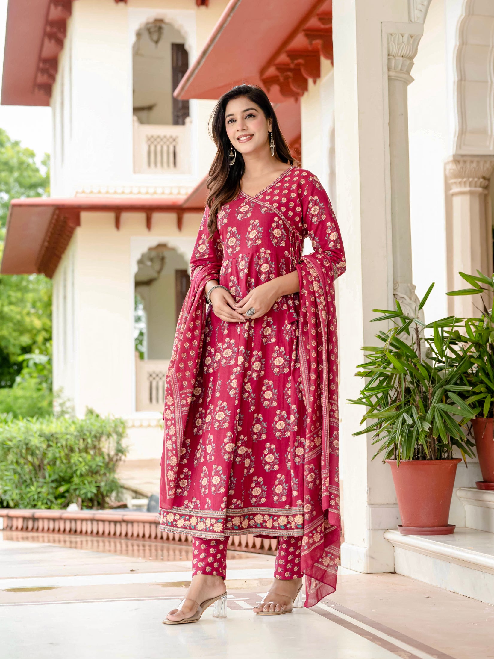 Ebbani Women’s Pure Cotton Pink Floral Kurta Set with Pants & Dupatta