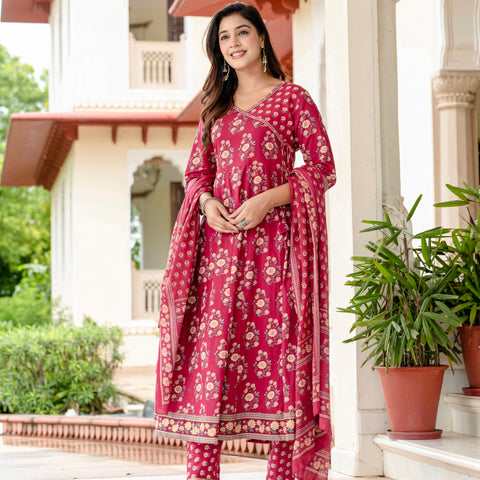 Ebbani Women’s Pure Cotton Pink Floral Kurta Set with Pants & Dupatta