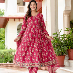 Ebbani Women’s Pure Cotton Pink Floral Kurta Set with Pants & Dupatta