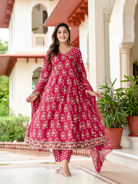 Ebbani Women’s Pure Cotton Pink Floral Kurta Set with Pants & Dupatta