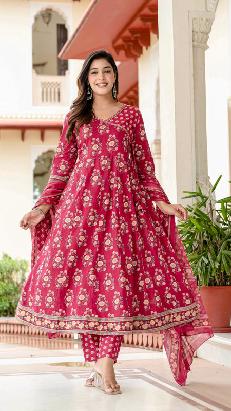 Ebbani Women’s Pure Cotton Pink Floral Kurta Set with Pants & Dupatta