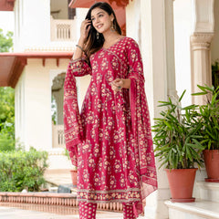 Ebbani Women’s Pure Cotton Pink Floral Kurta Set with Pants & Dupatta