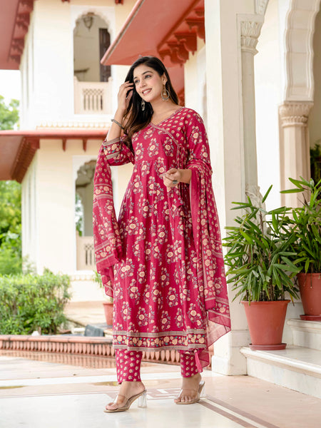 Ebbani Women’s Pure Cotton Pink Floral Kurta Set with Pants & Dupatta