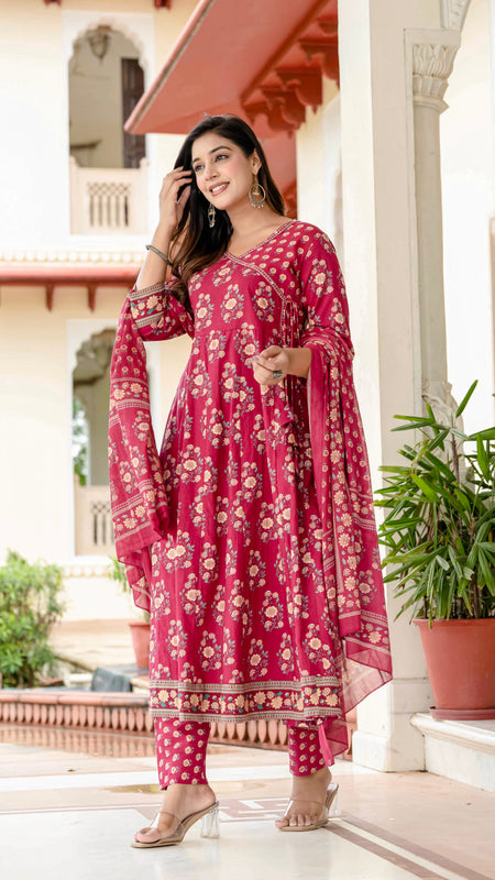 Ebbani Women’s Pure Cotton Pink Floral Kurta Set with Pants & Dupatta