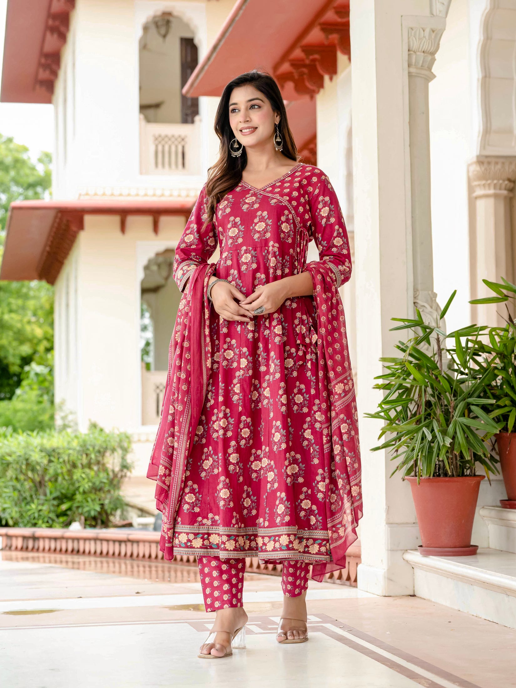 Ebbani Women’s Pure Cotton Pink Floral Kurta Set with Pants & Dupatta
