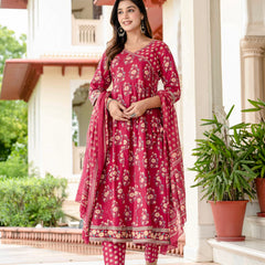 Ebbani Women’s Pure Cotton Pink Floral Kurta Set with Pants & Dupatta