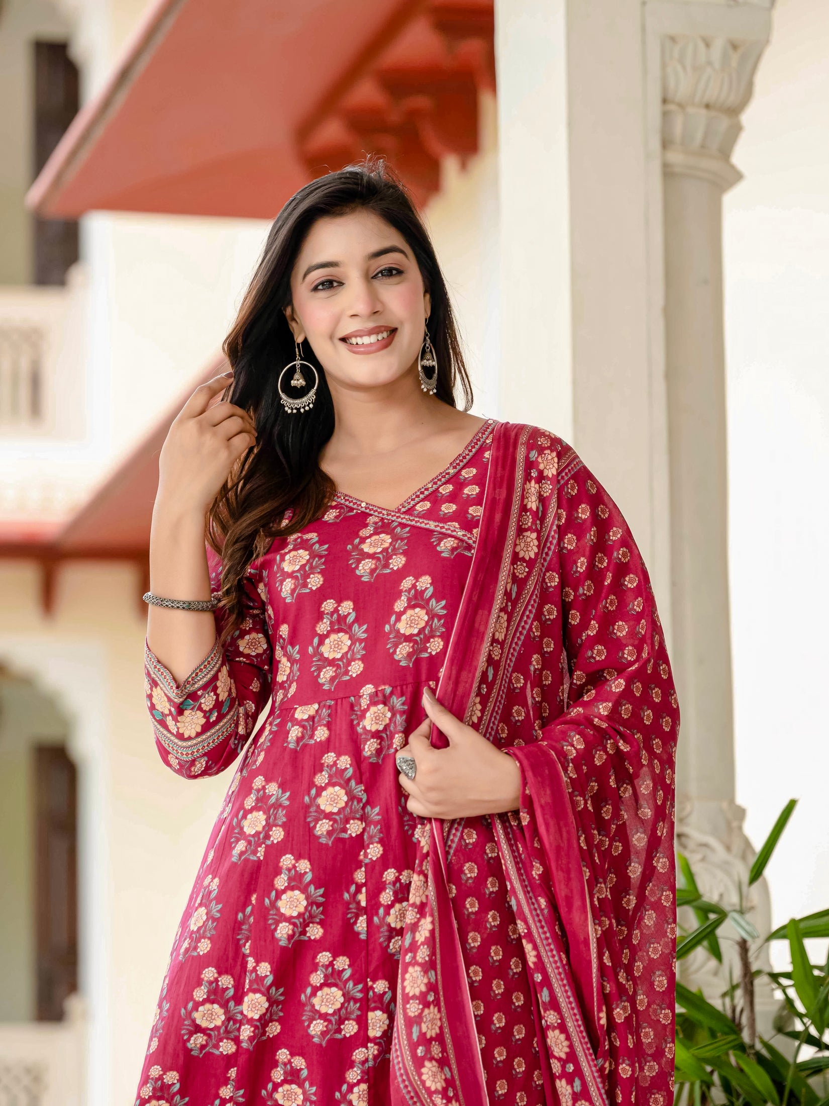Ebbani Women’s Pure Cotton Pink Floral Kurta Set with Pants & Dupatta