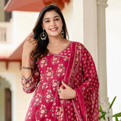 Ebbani Women’s Pure Cotton Pink Floral Kurta Set with Pants & Dupatta