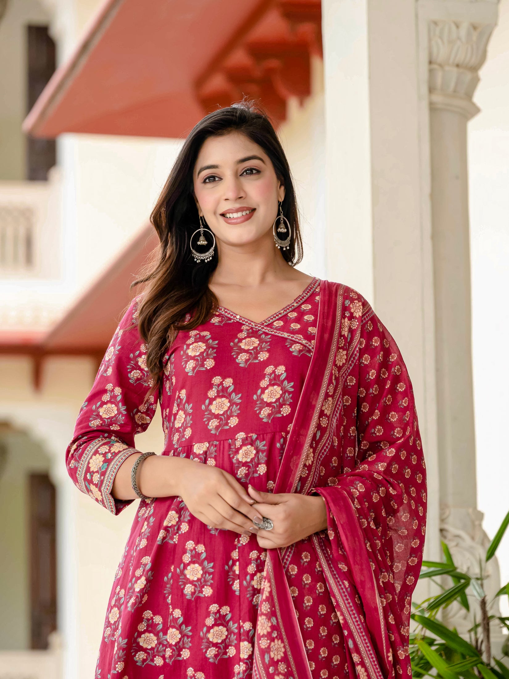 Ebbani Women’s Pure Cotton Pink Floral Kurta Set with Pants & Dupatta