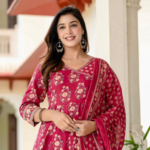 Ebbani Women’s Pure Cotton Pink Floral Kurta Set with Pants & Dupatta