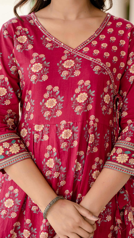 Ebbani Women’s Pure Cotton Pink Floral Kurta Set with Pants & Dupatta