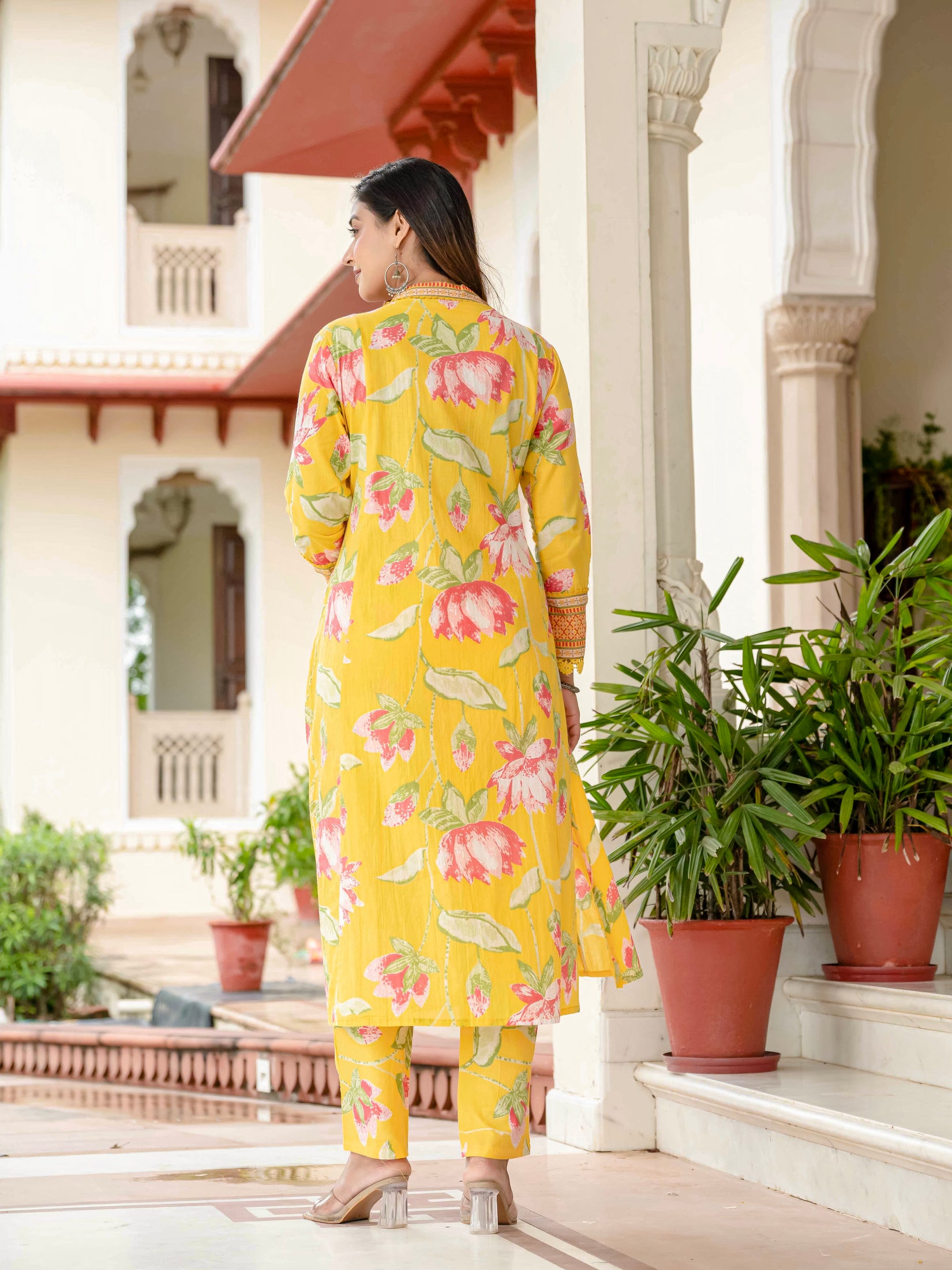 Cotton Yellow Floral Kurta Set with Pants & Dupatta