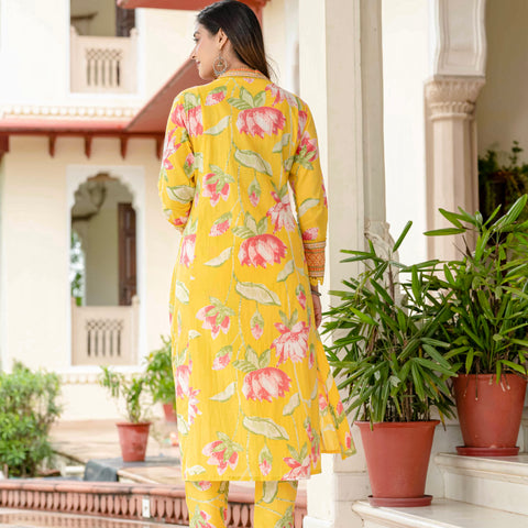 Cotton Yellow Floral Kurta Set with Pants & Dupatta