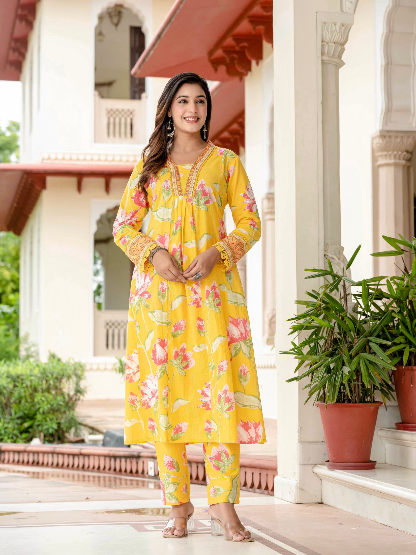 Cotton Yellow Floral Kurta Set with Pants & Dupatta