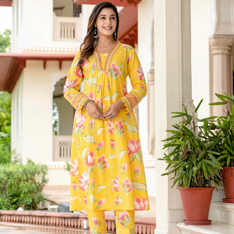 Cotton Yellow Floral Kurta Set with Pants & Dupatta